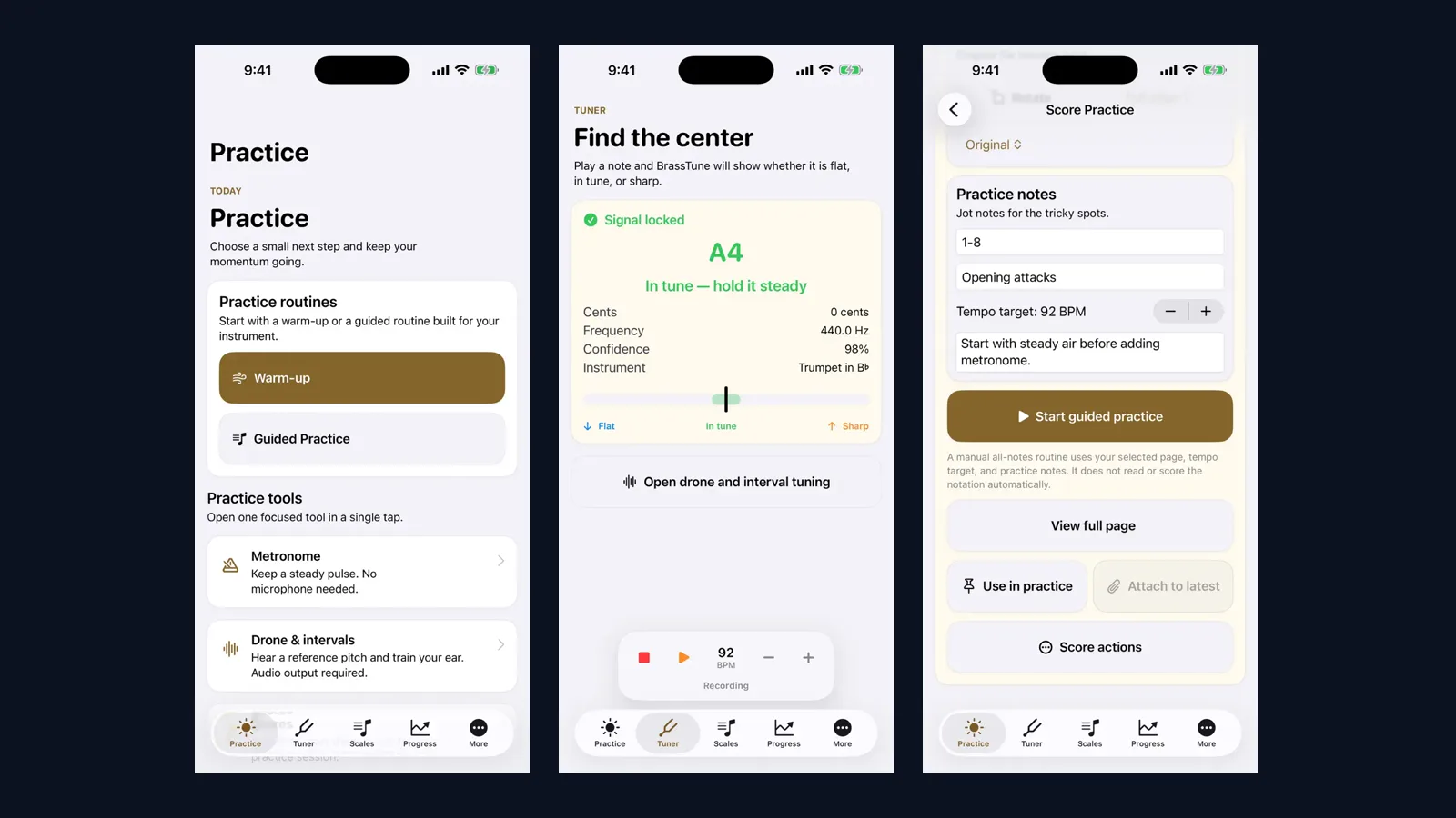 BrassTune App Store screenshots showing practice routines, live tuning, and score practice