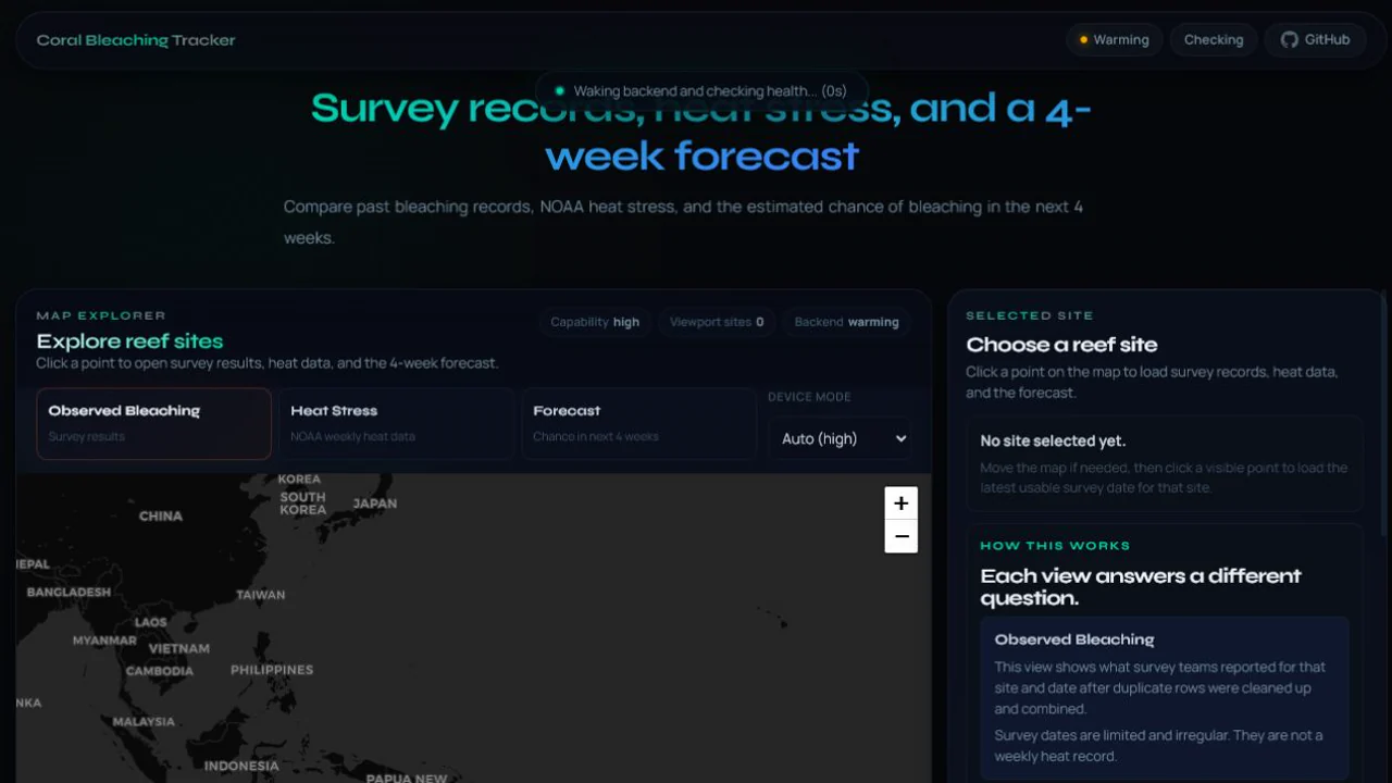 Coral Bleaching Tracker interface showing reef-stress data and map-based exploration tools