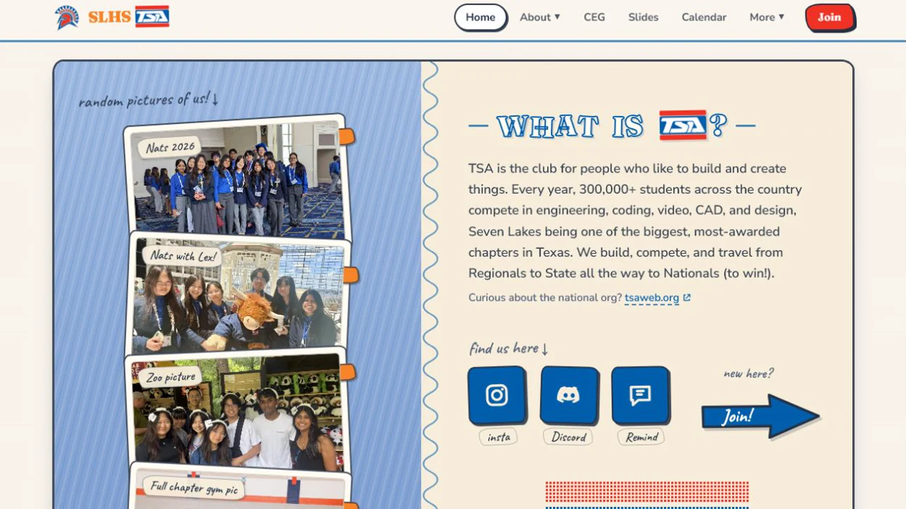 Seven Lakes High School TSA website homepage with chapter navigation and student project content